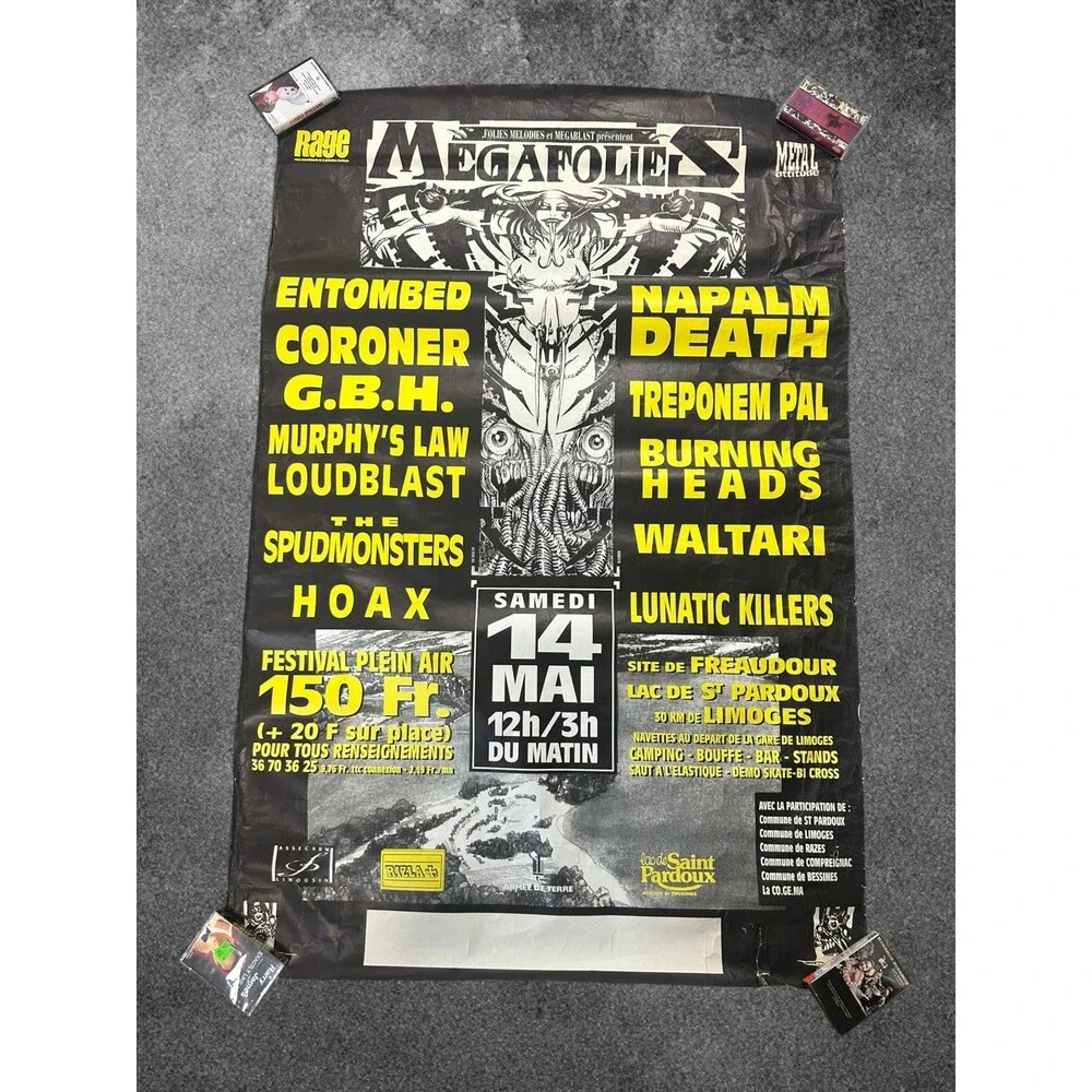 VTG 1994 Megafolies Festival Poster Napalm Death Entombed Coroner GBH Loudblast